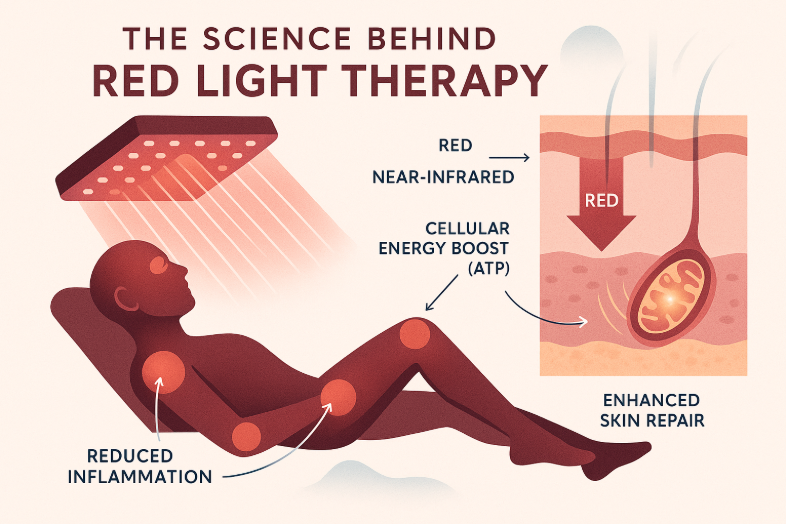 Infographic showing a person under a red light therapy panel, with labeled diagrams illustrating red and near-infrared light penetrating skin, boosting cellular energy, reducing inflammation, and aiding skin repair. Elegant arrows, clear labels, and contemporary design enhance scientific clarity.