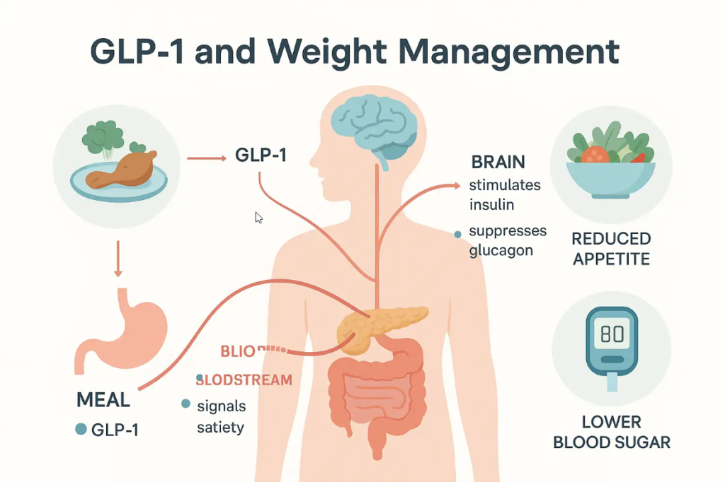 Infographic showing the science of GLP-1 in weight management, with a human silhouette highlighting the gut, pancreas, and brain, arrows indicating hormone flow, labeled steps, reduced appetite and blood sugar icons, and a clean, pastel color palette for educational clarity.